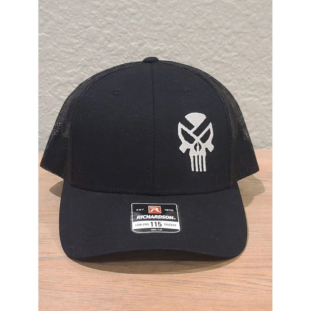 New Punisher Skull Trucker Hat Richardson 115 Black/Black Mesh Snapback  MD/LG